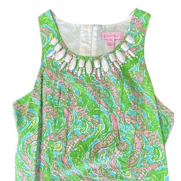 Lilly Pulitzer Size 00 Mini Dress Shorly Blue Green Chomp Alligator Shift Beaded - Picture 2 of 6